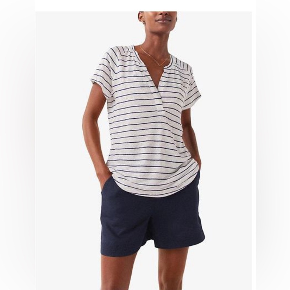 Women's White/vy Stripe-print Open-neck Linen T-shirt